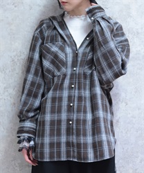 フード付きチェック柄シャツ(茶-F)