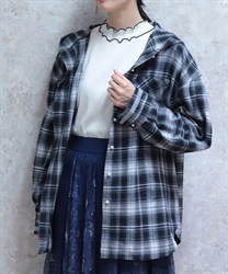 フード付きチェック柄シャツ(黒-F)
