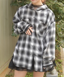 フード付きチェックシャツ(黒-F)