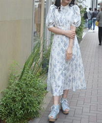 フラワー柄ハイウエストワンピース(白-F)