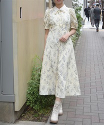 フラワー柄ハイウエストワンピース(イエロー-F)