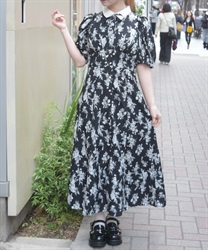 フラワー柄ハイウエストワンピース(黒-F)