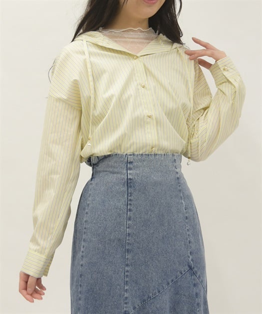 ストライプフードシャツ