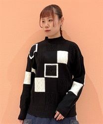パッチワーク柄ニットプルオーバー(黒-F)
