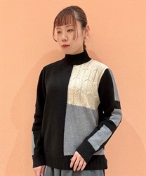 バイカラーニットプルオーバー(黒-F)