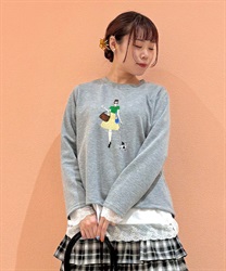 女性と犬刺繍長袖プルオーバー(グレー-F)