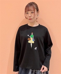 女性と犬刺繍長袖プルオーバー(黒-F)