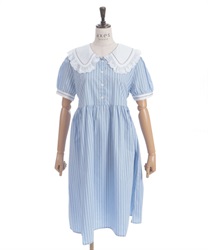 襟付きストライプワンピース(ブルー-F)