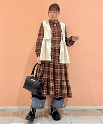 チェック柄シャーリングワンピース(赤-F)