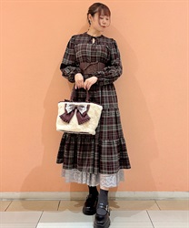 チェック柄シャーリングワンピース(ワイン-F)