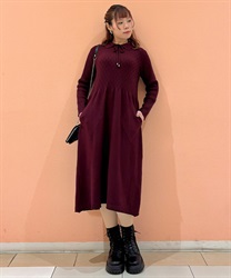 襟付きリボンニットワンピース(パープル-F)