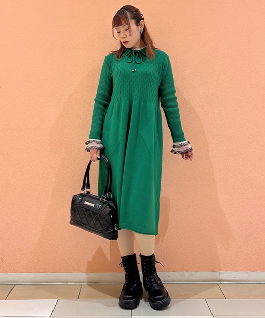 襟付きリボンニットワンピース