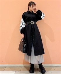 袖レースシャツワンピース(黒-F)