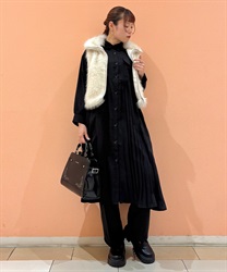 ポケット付プリーツシャツワンピース【期間限定価格】(黒-F)