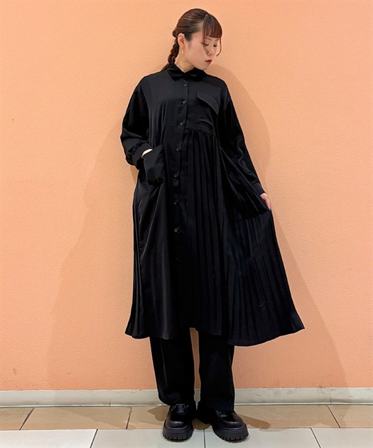 ポケット付プリーツシャツワンピース