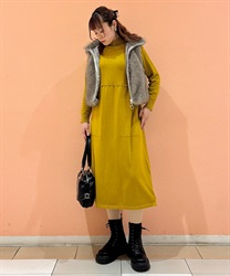 デザインボタン付きニットワンピース(カラシ-F)