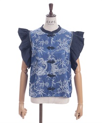 フリル袖ジップ付短丈ブラウス(紺-F)