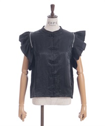 フリル袖ジップ付短丈ブラウス(黒-F)