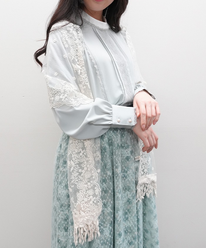 アンティーク 美しい花とモザイク色糸刺繍 シルククロス トライアングルレース装飾 SE633X98_002_LL.jpg