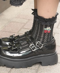 苺刺繍レース透かしソックス(黒-F)