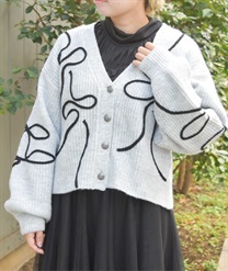 リボンテープ風刺繍ニットカーディガン(杢グレー-F)