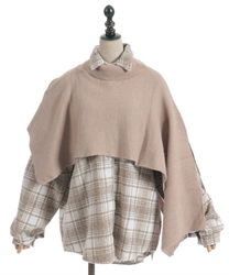 ニット重ねチェックシャツ(ベージュ-F)