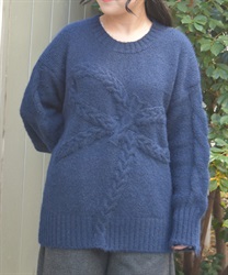 リボン編みロングニット(紺-F)