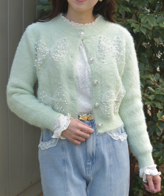 気温調整秋ルネフォクシーライトグリーンファー襟 カーディガン 気温調整秋ルネフォクシーライトグリーンファー襟 カーディガン