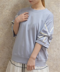 リボン袖半袖プルオーバー(ブルー-F)