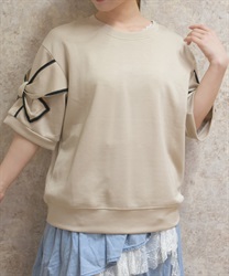 リボン袖半袖プルオーバー(ベージュ-F)