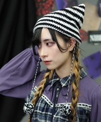 ボーダーネコミミニット帽(白-F)