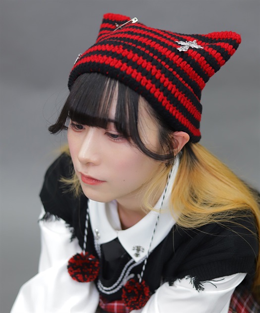 ボーダーネコミミニット帽(赤-F)