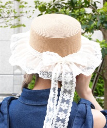 レースリボン付き雑材風ハット(茶-F)