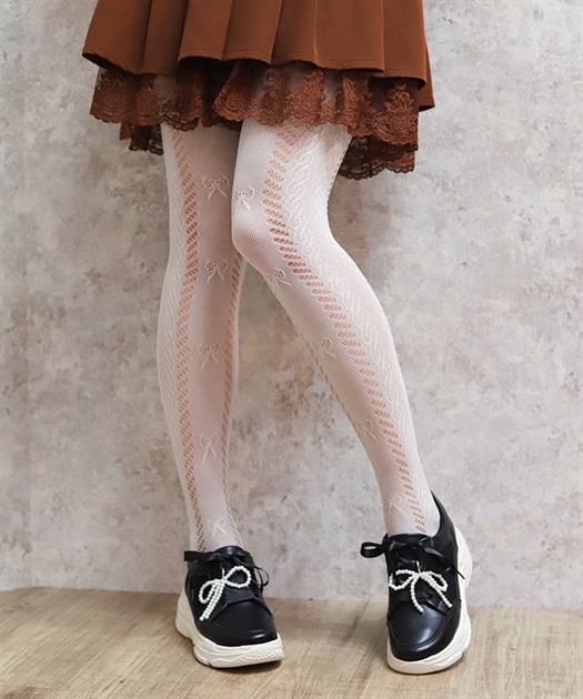 リボン柄透かしレースタイツ