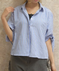 袖リボンストライプシャツ(ブルー-F)