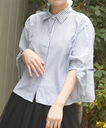 袖リボンストライプシャツ(黒-F)