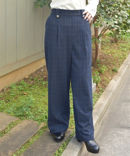 裾釦起毛チェックワイドパンツ