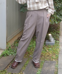 裾レースストレートパンツ(グレー-M)