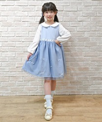 kids襟付き重ね着風チェックワンピース(サックス-110cm)