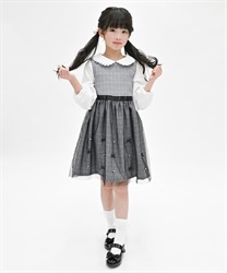 kids襟付き重ね着風チェックワンピース(黒-110cm)
