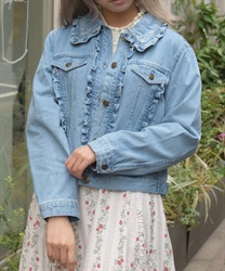 ローズ刺繍フリルデニムジャケット(ブリーチ-F)