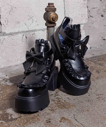 リボンフリル厚底パンプス【期間限定価格】(黒-S)