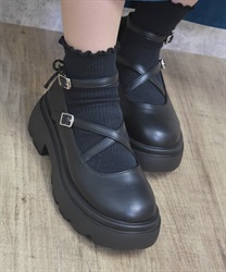 厚底クロスストラップシューズ(黒-S)