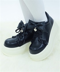 リボン付き合皮厚底スニーカー(黒-S)