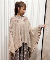 花刺繍イレヘムニットポンチョ(茶-M)