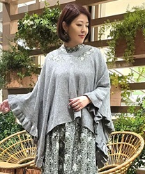 花刺繍イレヘムニットポンチョ(杢グレー-M)