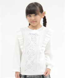 kidsリボンケーブル肩フリルニット(生成り-120cm)