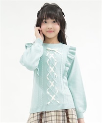 kidsリボンケーブル肩フリルニット(ミント-120cm)