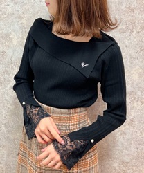 ロゴ刺繍入オフショルニット(黒-F)