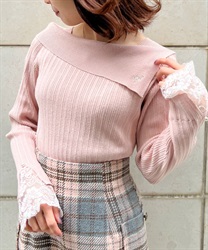 ロゴ刺繍入オフショルニット(ピンク-F)